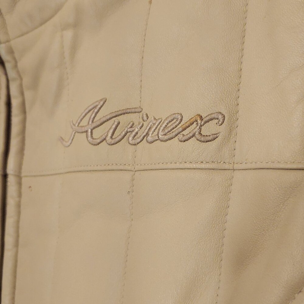 Avirex Leather Long Coat Quilted Beige High Neck Vintage 90s Minimal Jacket - Picture 4 of 13